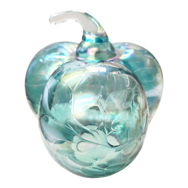 Glass Iridescent Aqua Blue & White Swirled Art Glass Pumpkin Sculpture For Sale - Image 7 of 10