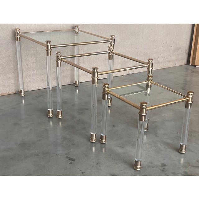 Mid-Century Modern Set of Three Vintage Lucite an Brass Nesting Tables With Glass Top For Sale - Image 3 of 8