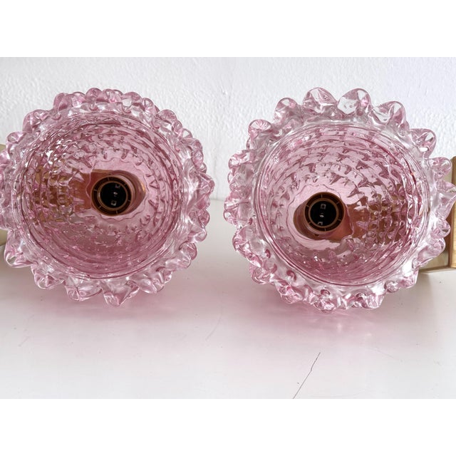 Italian Art Deco Brass and Pink Rostrato Murano Glass Wall Sconces, 1990s, Set of 2 For Sale - Image 10 of 13