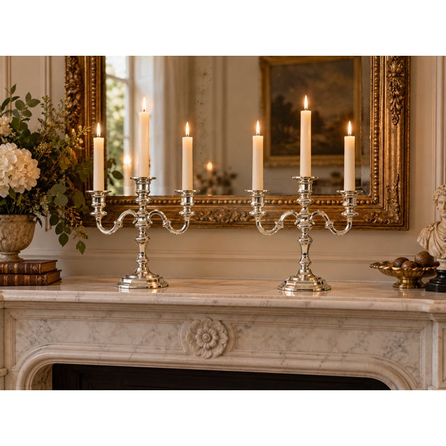 A striking pair of vintage silver-plated three-arm candelabra by Bayerische Metallwarenfabrik Nürnberg (BMF), produced in...