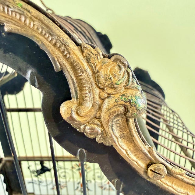 Art Nouveau Black Japanned Metal Bird Cage, Hand-Painted, Circa 1900-1920 For Sale - Image 9 of 16