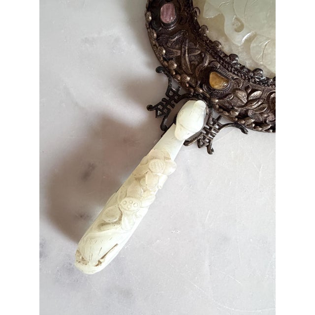 Antique 19th Century Chinese Carved Jade-Mounted and Bejeweled & Repoussé Silver Tone Metal Back Hand Mirror 7.3"x4" For Sale In Philadelphia - Image 6 of 13