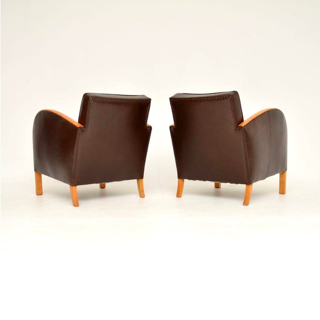1930s Art Deco Swedish Armchairs in Satin Birch and Leather, 1930, Set of 2 For Sale - Image 5 of 13