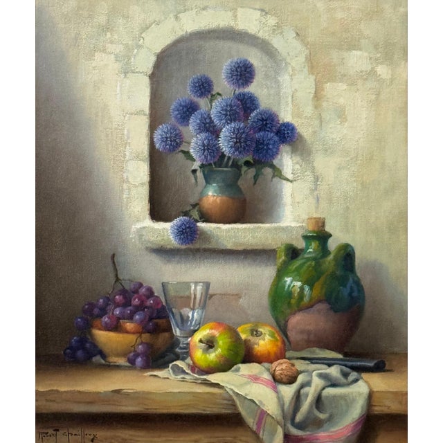 Still Life with Flowers & Fruit in a French Farmhouse Interior by French Artist 1992 Circa For Sale - Image 6 of 13