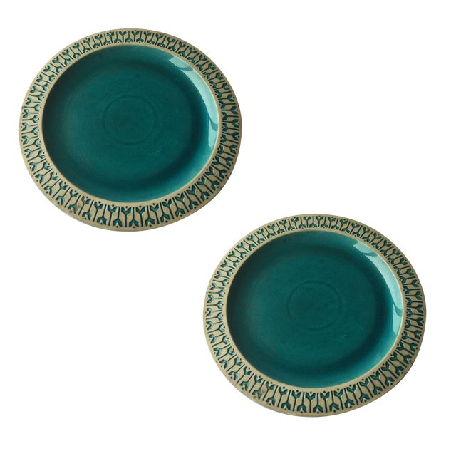 Round Turquoise Ceramic Decorative Plates A Pair Chairish