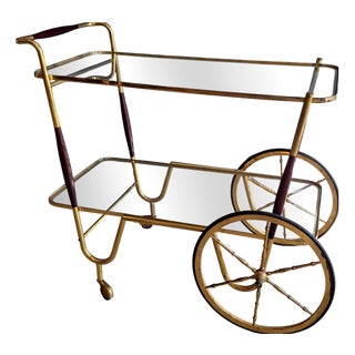 Italian Glass and Wood Bar Trolley in Brass, 1950s For Sale