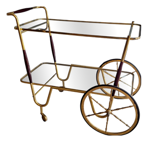 Italian Glass and Wood Bar Trolley in Brass, 1950s