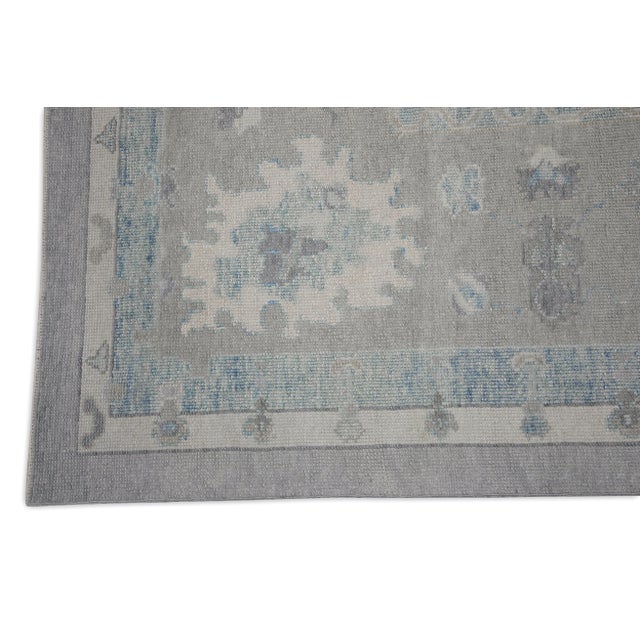 Modern Early 21st Century Gray & Blue Floral Design Handwoven Wool Turkish Oushak Rug 12' X 16'1" For Sale - Image 3 of 8