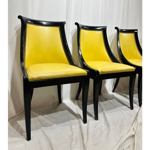 Late 20th Century Empire-Style Ebonized Black Lacquer & Yellow Leather Gondola Dining Chairs For Sale - Image 4 of 8