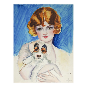 1920s Flapper Girl Puppy Dog Watercolor Portrait Painting