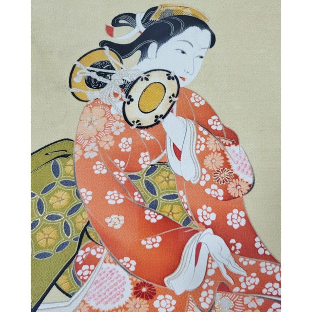 Japanese Vintage 20th C Asian Framed Under Glass Geisha in Kimono Painting on Silk For Sale - Image 3 of 12