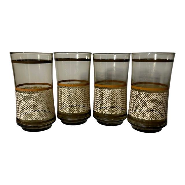 Vintage Libbey Bolero Woodhue Smoke Brown Stripe Tweed Tumblers - A Set of 4 For Sale