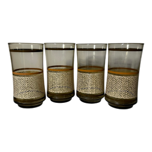 Vintage Libbey Bolero Woodhue Smoke Brown Stripe Tweed Tumblers - A Set of 4