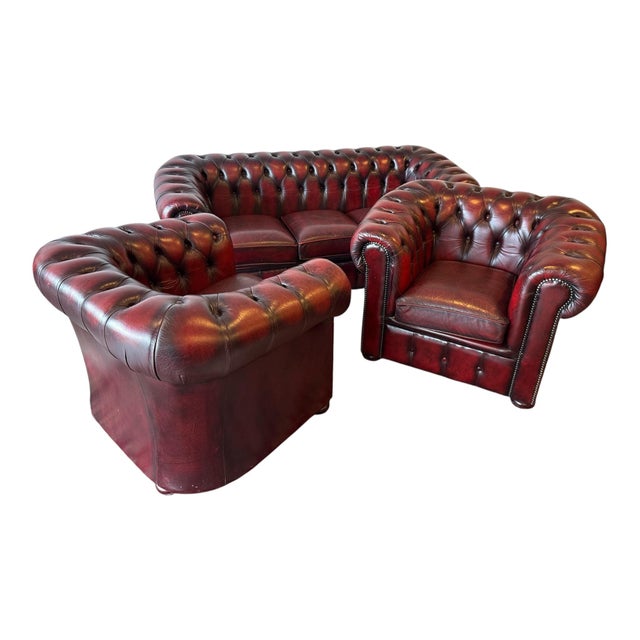 Leather Chesterfield Sofa and Club Chairs, Set of 3 For Sale - Image 3 of 8