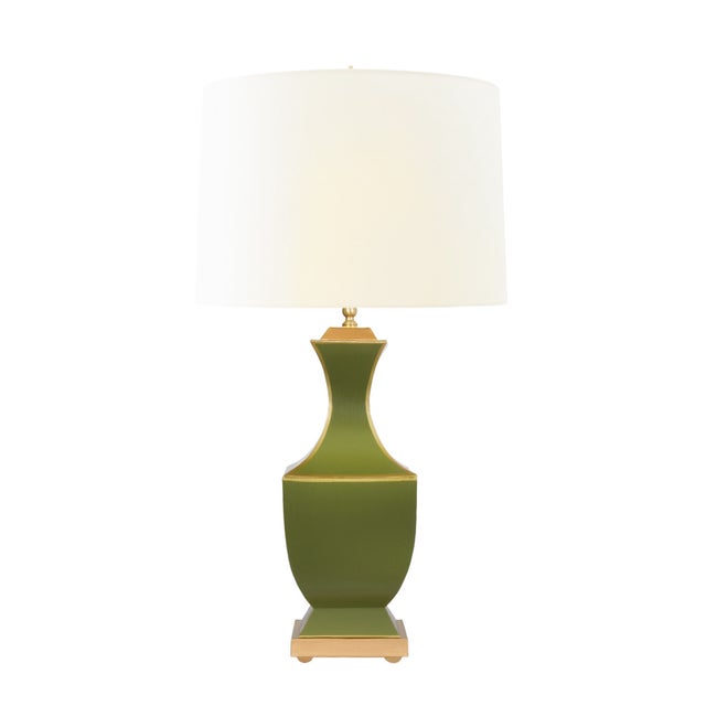 New special order item. Not vintage. Introducing the Gina Handpainted Olive Green Metal Tole Table Lamp, a charming accent...