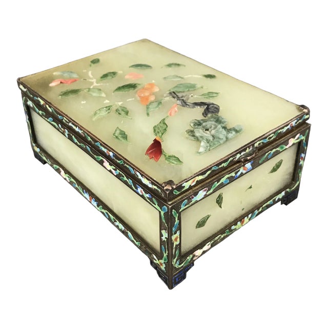 Antique Chinese Pale Green Jade Panel Trinket Box With Cloisonné Enamels - Hinged Gilt Catchall With Semi Precious Stone Flowers For Sale