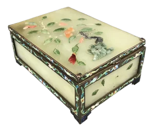 Antique Chinese Pale Green Jade Panel Trinket Box With Cloisonné Enamels - Hinged Gilt Catchall With Semi Precious Stone Flowers