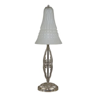 1920s French Art Deco Muller Freres Frosted Glass & Nickeled Bronze Table Lamp For Sale