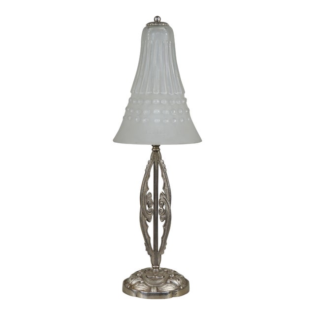 1920s French Art Deco Muller Freres Frosted Glass & Nickeled Bronze Table Lamp For Sale