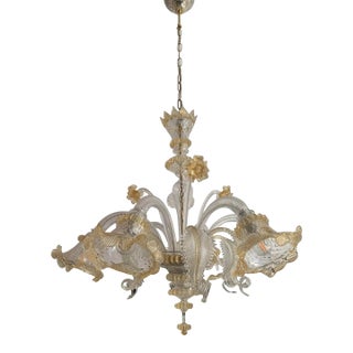 Venetian Murano-Style Glass Chandelier in Transparent and Gold With Flowers and Leaves For Sale