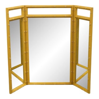 High End Vintage Yellow Painted Asian Inspired Faux Bamboo 56" Tri-View Mirror 625-36 For Sale