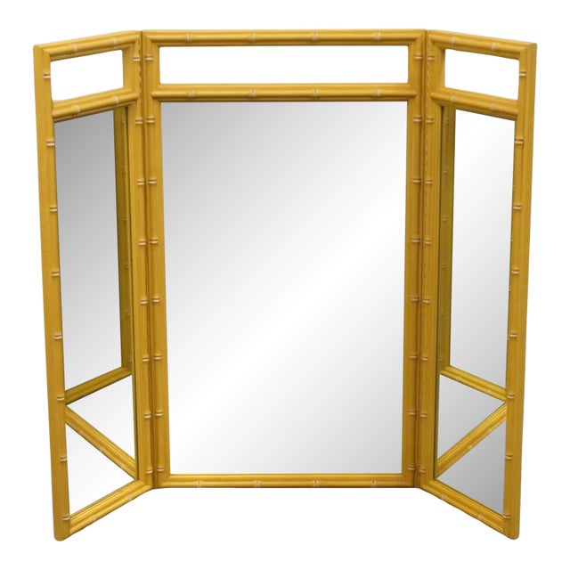 High End Vintage Yellow Painted Asian Inspired Faux Bamboo 56" Tri-View Mirror 625-36 For Sale