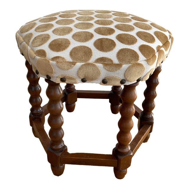 Charming Mid 20th Century Danish Spool Leg Stool in Polka Dot Velvet For Sale