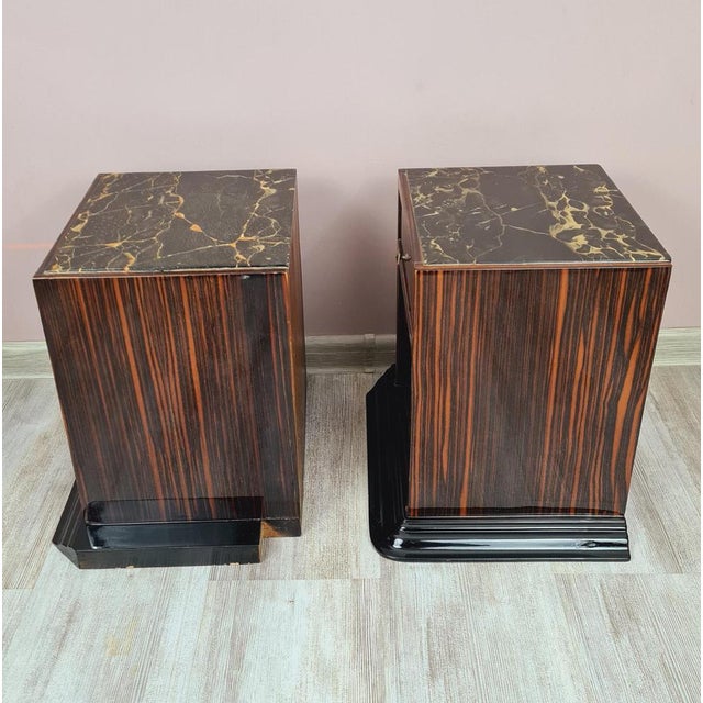 Art Deco Bedside Tables in Makassar Ebony and Portoro Marble, 1930s, Set of 2 For Sale - Image 13 of 14