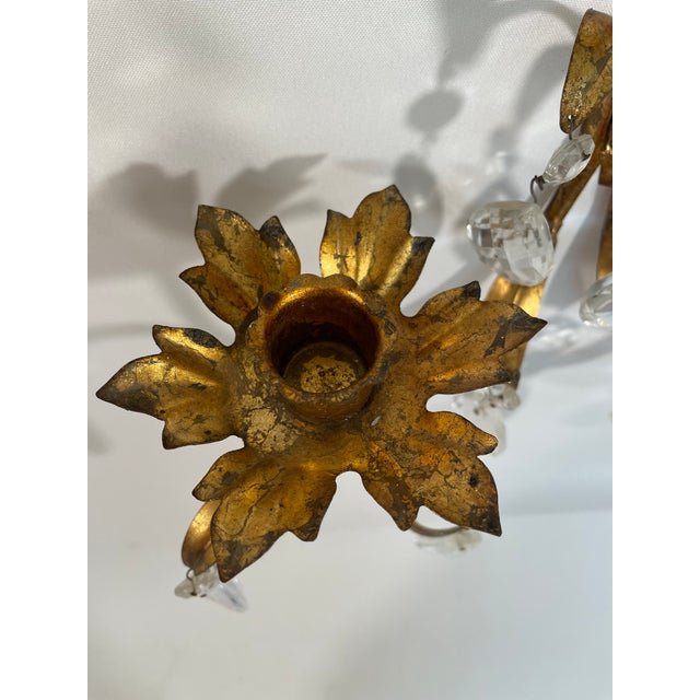 Metal Vintage Mid Century 19" Italian Gilded Tole and Crystals Candle Sconces - A Pair For Sale - Image 7 of 18