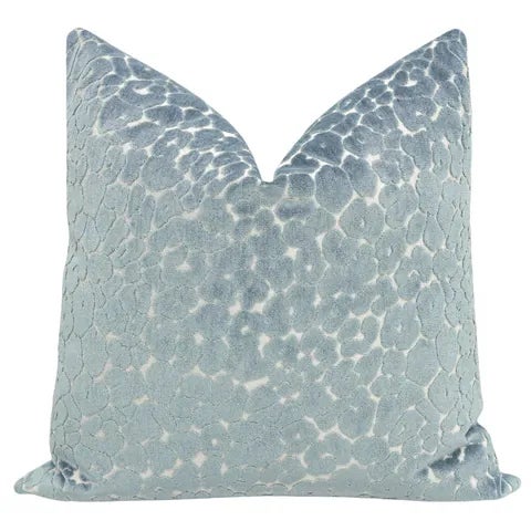 Pair of beautiful 22" leopard cut velvet pillows in Cerulean blue. Meticulously handcrafted with serged interior seams,...