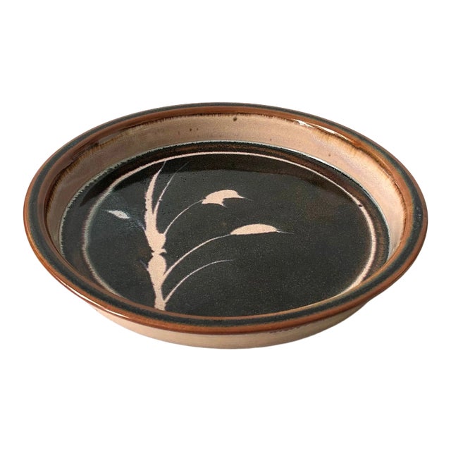 Vintage Circular Studio Pottery Tray With Purple Wheat For Sale