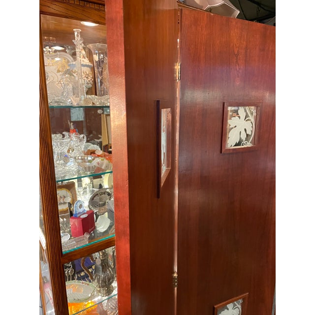 Vintage Art Deco Style Mahogany Etched Glass Three Panel Room Divider Screen For Sale - Image 11 of 13