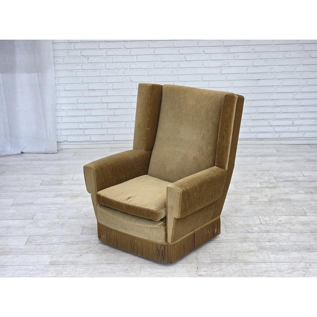 Vintage Danish Highback Chair in Yellow Furniture Velour, 1970s For Sale - Image 14 of 18