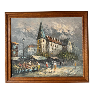 Vintage Caroline Burnett Parisian Street Scene Oil Canvas Painting, Framed