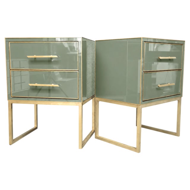 Gold Sage Green Murano Glass Nightstands with Brass Frames from Justfurnituress SRL, Set of 2 For Sale - Image 8 of 8