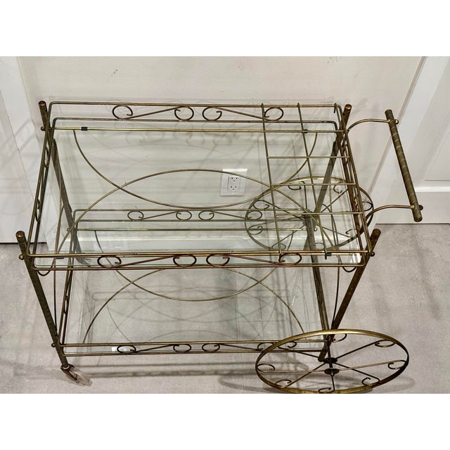 Whimsical Mid‑Century Hollywood Regency TwoTier Brass Bar Cart Trolly For Sale - Image 4 of 9