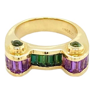 Amethyst & Tourmaline Ring in 14k Yellow Gold Signed Angelo For Sale