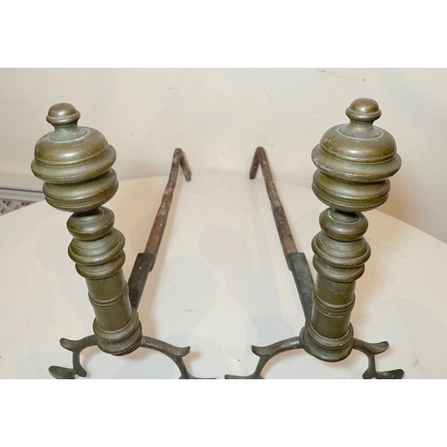 18th Century Pair of Turned 18th Century Peened Brass Wrought Iron Georgian Andirons 1700's For Sale - Image 5 of 12