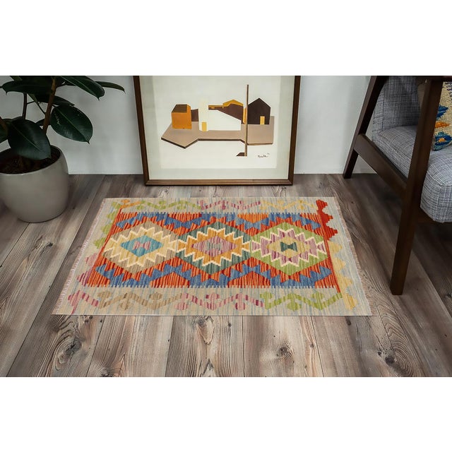 Shabby Chic Shabby Chic Turkish Kilim Rust Blue Hand-Woven Wool Rug For Sale - Image 3 of 9