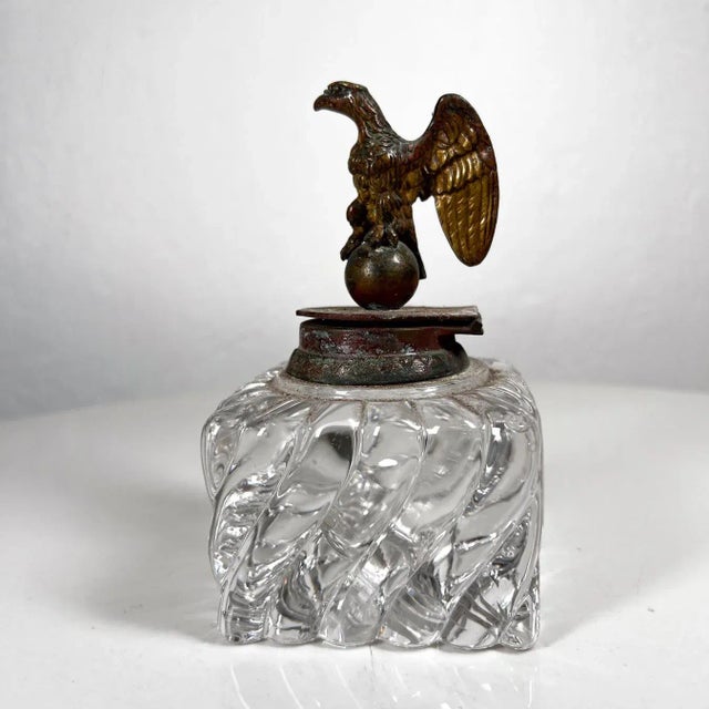 Antique Vintage Cut Crystal Inkwell Brass Eagle Top For Sale In San Diego - Image 6 of 10