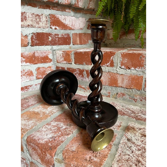Pair Set Antique English Oak Open Barley Twist Candlesticks Candle Holder Brass For Sale - Image 4 of 12