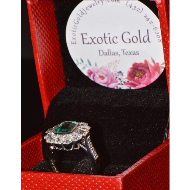 Gia Certified 2.53ct Natural Zambian Emerald & Diamond Halo Milgrain 18k White Gold Ring, Size 5 For Sale - Image 15 of 16