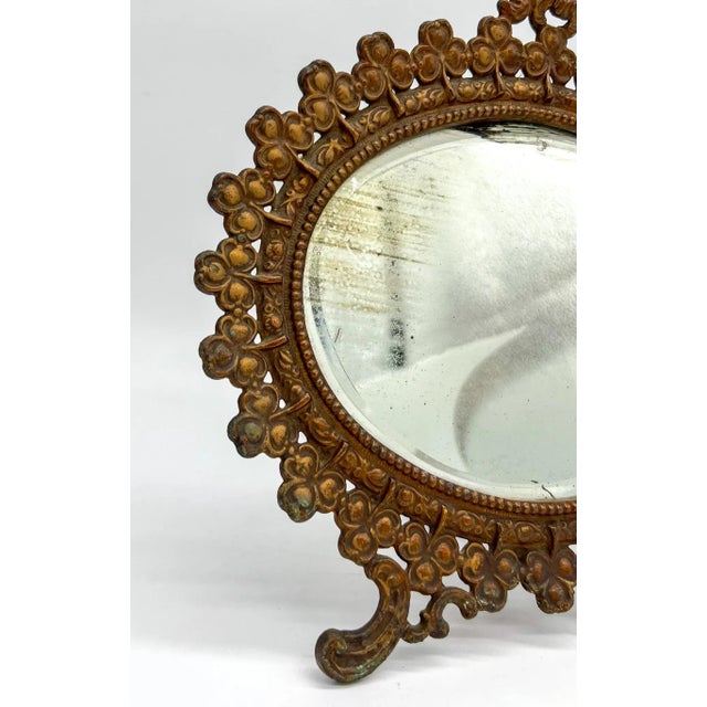 Metal Antique Victorian Gilt Metal Table Mirror – Clover & Floral Frame – Rococo Revival / English Cottage For Sale - Image 7 of 16
