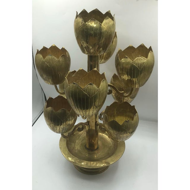 Brass Vintage MCM Brass 9 Lotus Flower Candelabra For Sale - Image 8 of 10