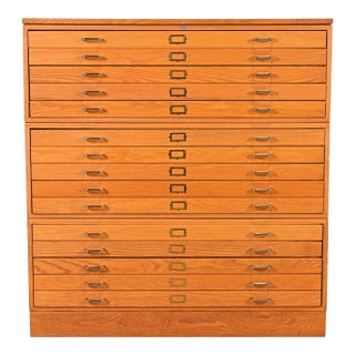 Mid-Century Modern Oak 15-Drawer Architect's Blueprint Flat File Cabinet For Sale