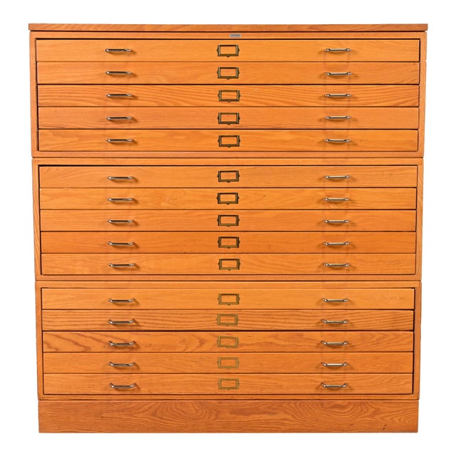 Mid-Century Modern Oak 15-Drawer Architect's Blueprint Flat File Cabinet For Sale