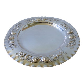 Vintage Silver Plated Round Tray with Embossed Flower Pattern, Sweden For Sale