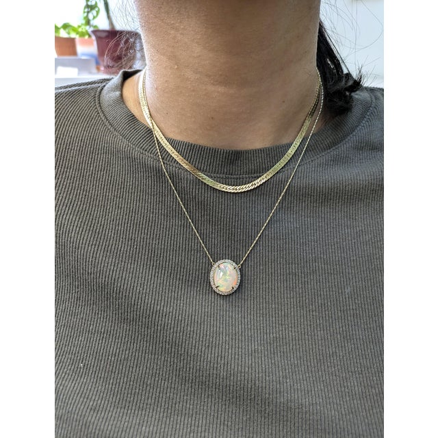 Art Deco 6.36cts Ethiopian Opal Pendant With Natural Diamonds Halo in 14k Solid Gold For Sale - Image 3 of 8
