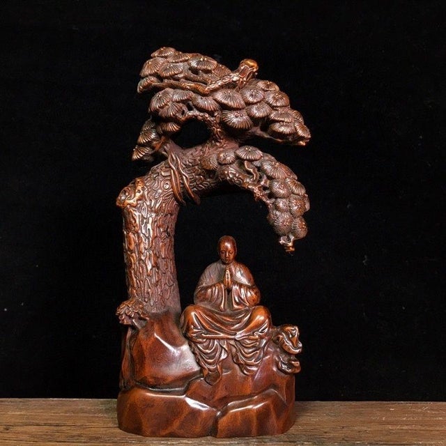 Asian Hand-Carved Boxwood Figure of a Monk Under a Pine Tree For Sale - Image 3 of 9
