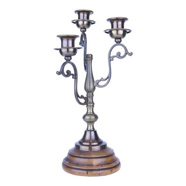 13" Vintage Italian Bronze and Wood Ornate Candelabra For Sale